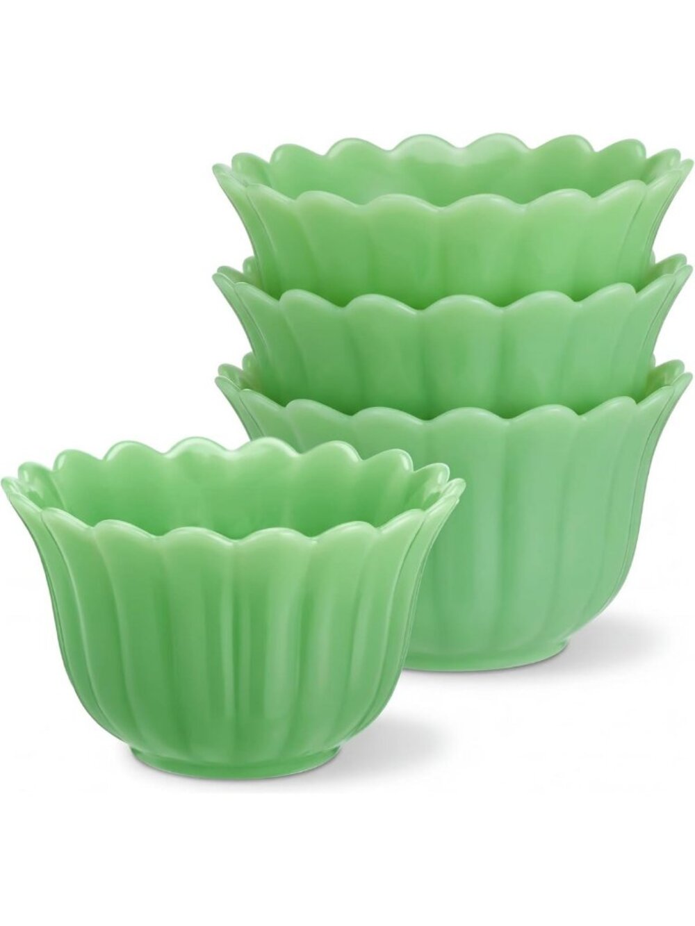Vintage Emerald Green Jadeite Glass Bowls Set of 4, Fluted Design, 5x3 Inch
